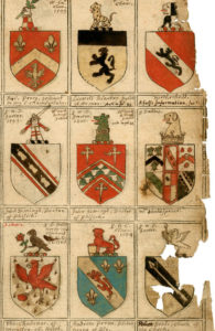 Bottom right corner, a recently discovered, if tattered, depiction of the Shakespeare coat of arms.